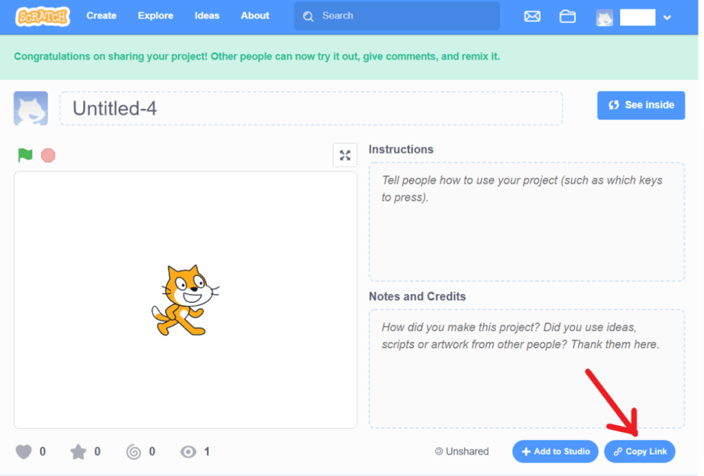 save and share a project in Scratch 