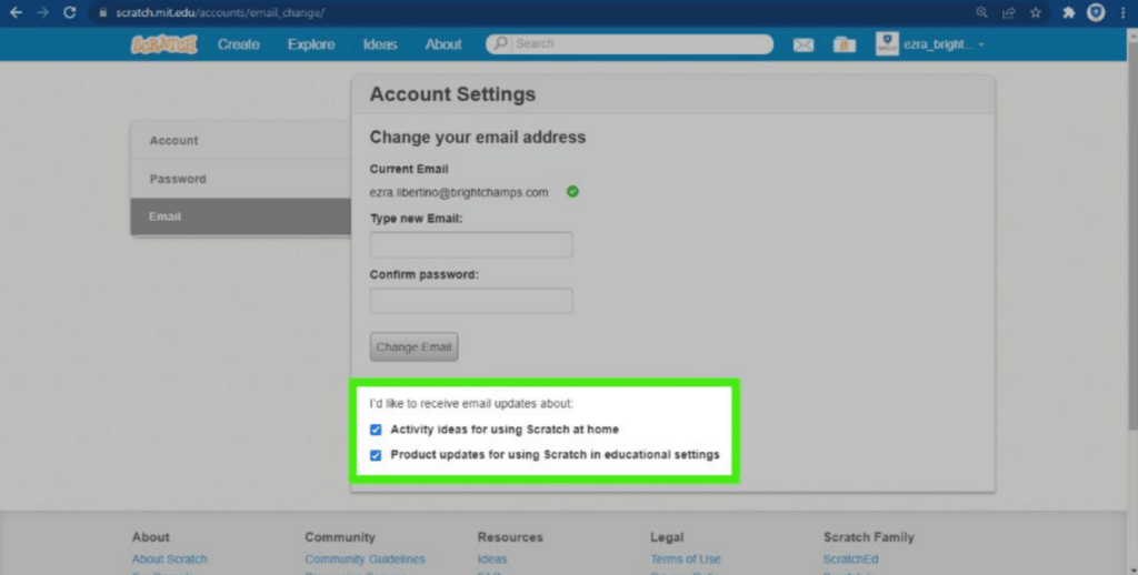 How to change or update the Scratch email address - BrightChamps Blog