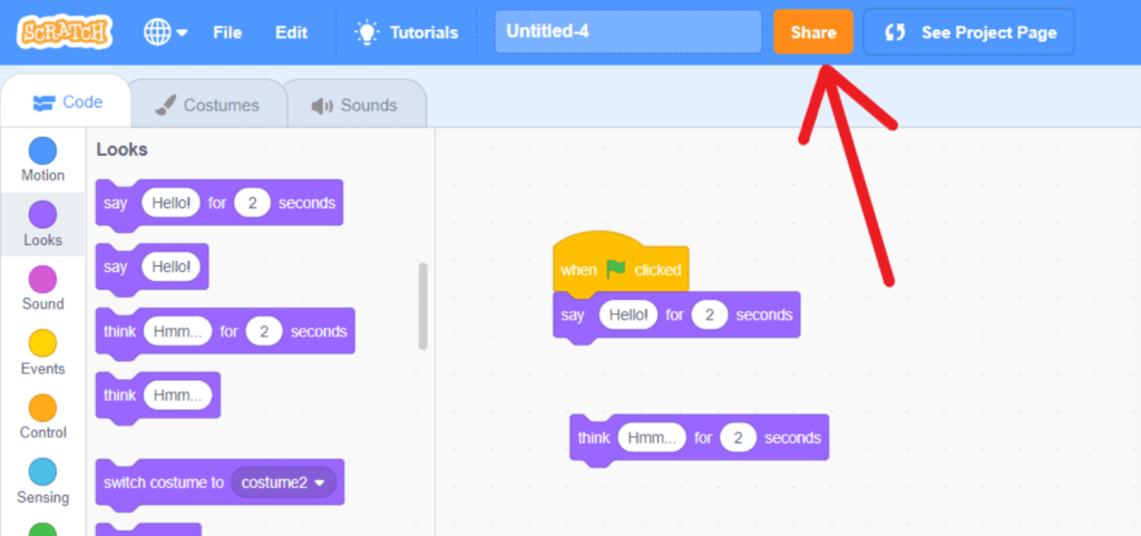 save and share a project in Scratch 