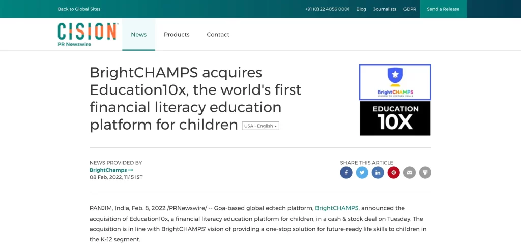 BrightCHAMPS acquires Education10x